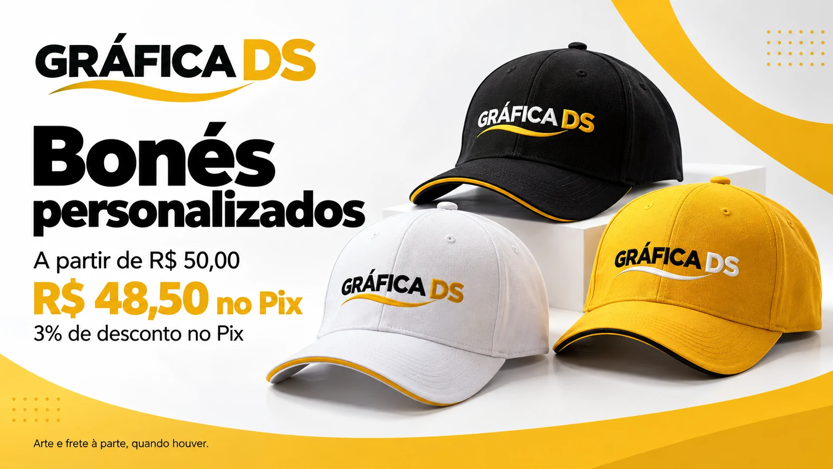 Bonés personalizados: a partir de R$ 50,00, ou R$ 48,50 no Pix, com 3% de desconto. Arte e frete à parte, quando houver.