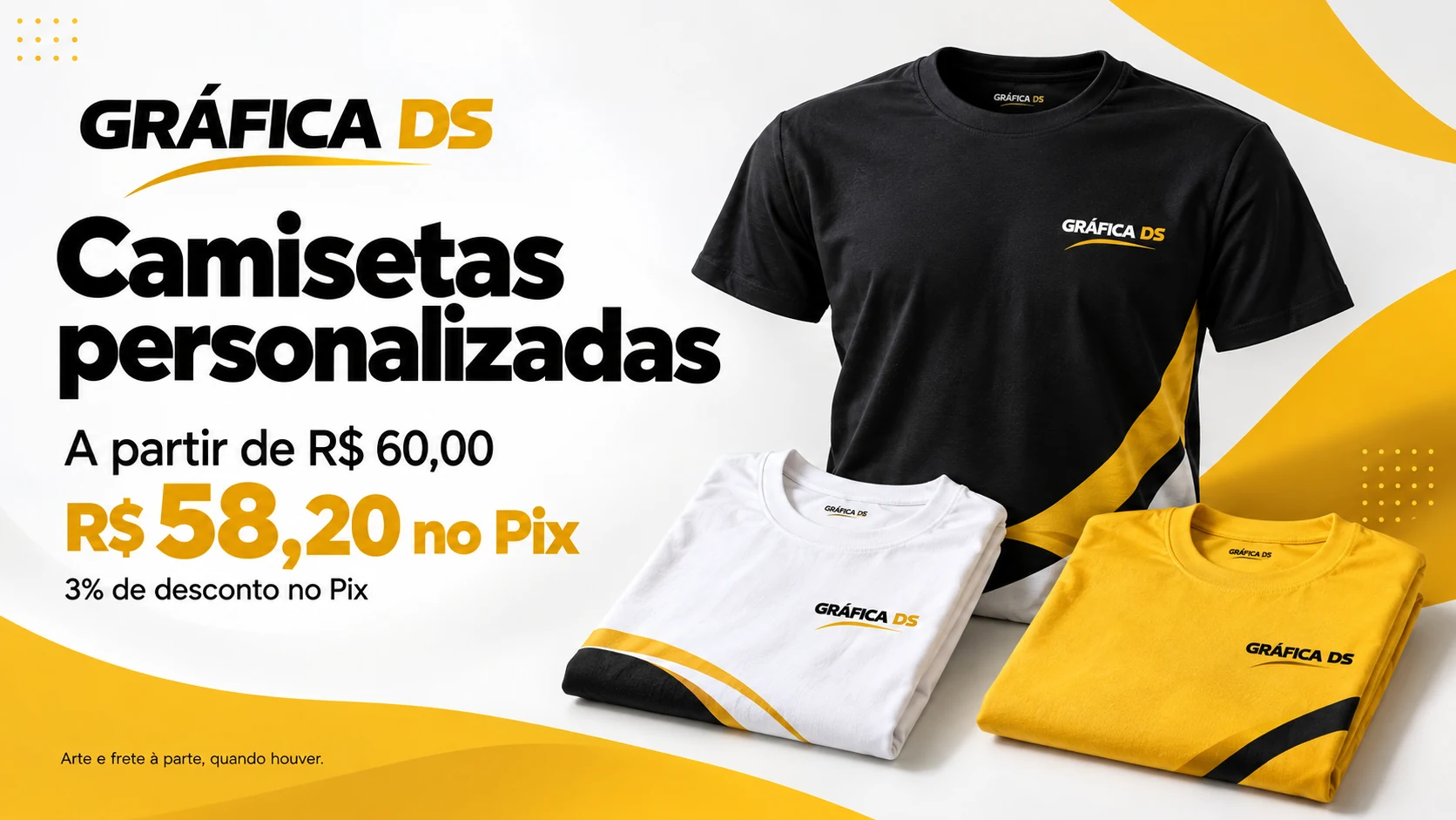 Camisetas personalizadas: a partir de R$ 60,00, ou R$ 58,20 no Pix, com 3% de desconto. Arte e frete à parte, quando houver.