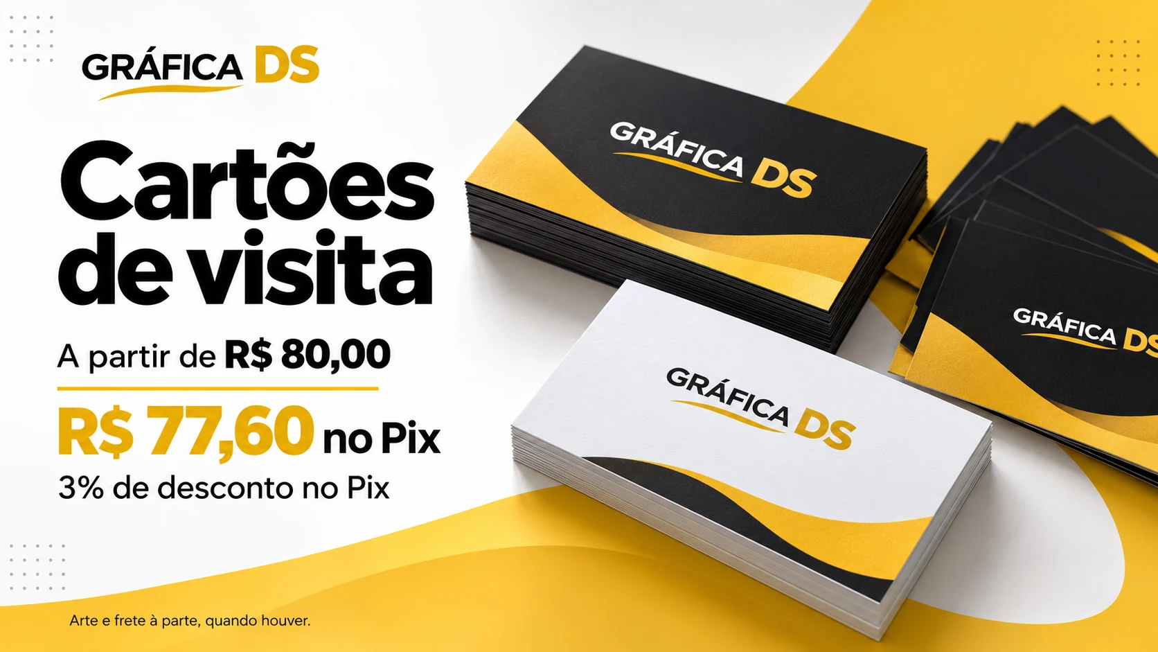 Cartões de visita: a partir de R$ 80,00, ou R$ 77,60 no Pix, com 3% de desconto. Arte e frete à parte, quando houver.