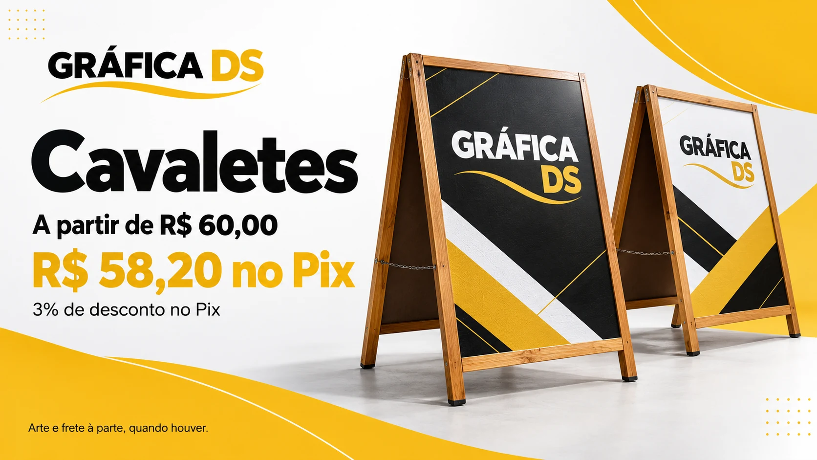 Cavaletes: a partir de R$ 60,00, ou R$ 58,20 no Pix, com 3% de desconto. Arte e frete à parte, quando houver.