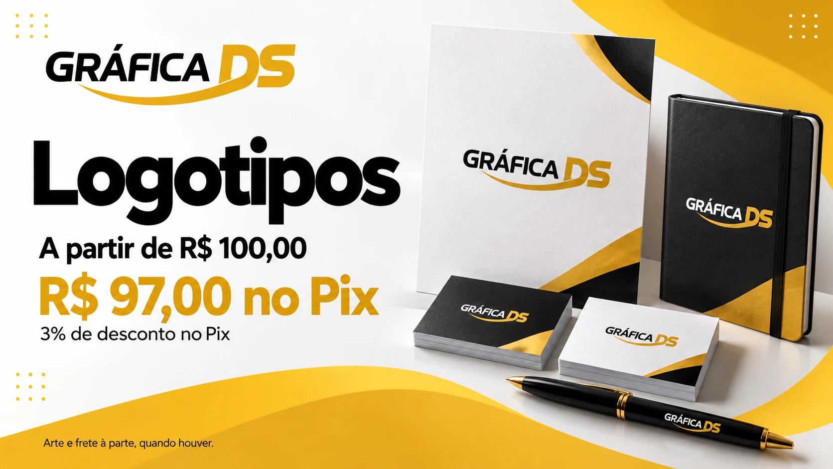 Logotipos: a partir de R$ 100,00, ou R$ 97,00 no Pix, com 3% de desconto. Arte e frete à parte, quando houver.
